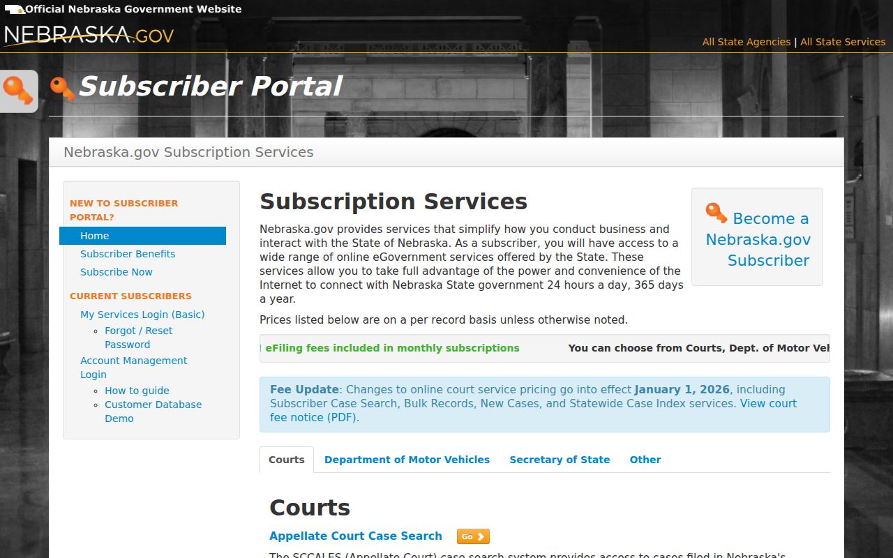Red Willow County case search Nebraska.gov subscriber service