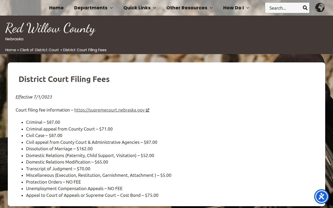 Red Willow County civil docket local District Court fee table