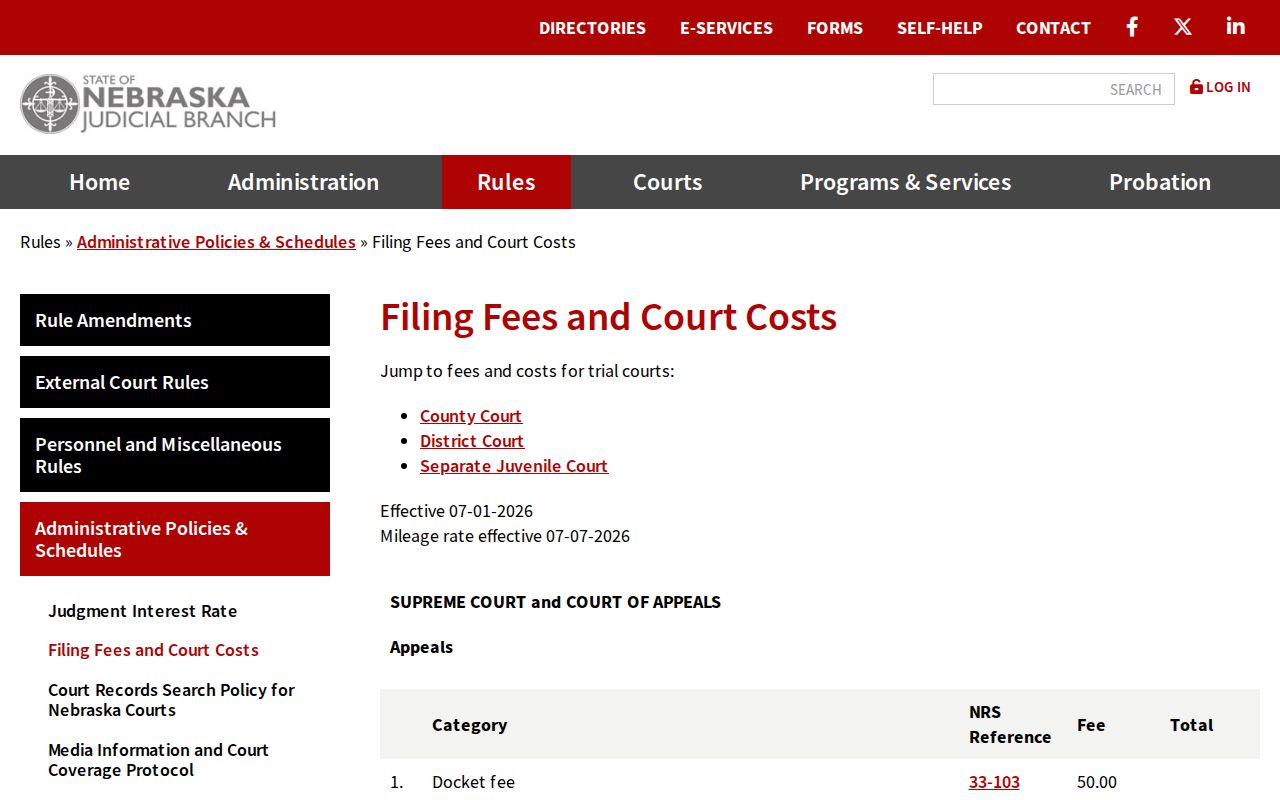 Red Willow County civil docket Nebraska statewide filing-fee schedule