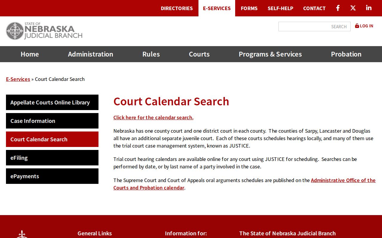 Red Willow County court calendar information from the Nebraska Judicial Branch
