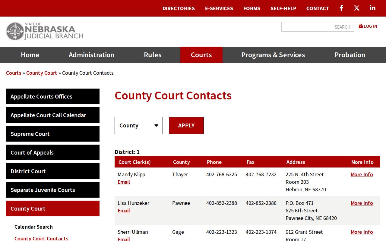 Red Willow County court calendar County Court contact directory