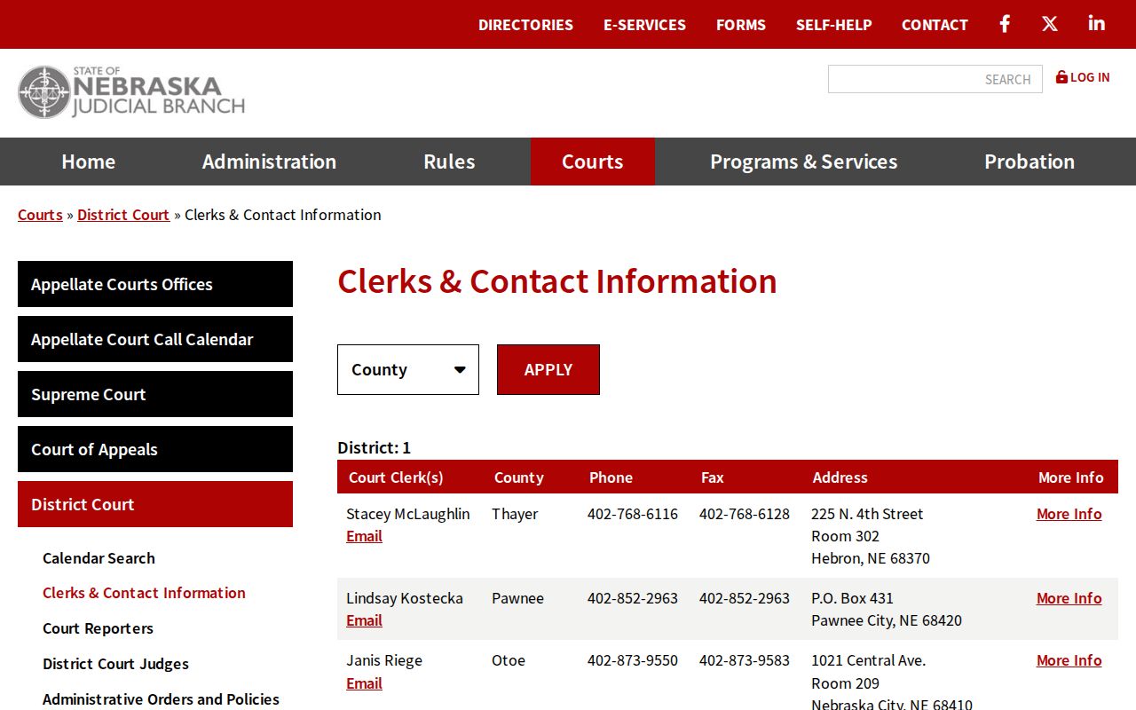 Red Willow County court calendar District Court clerk directory