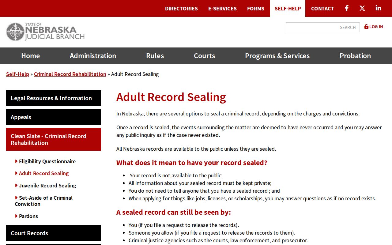 Red Willow County criminal docket adult record sealing information